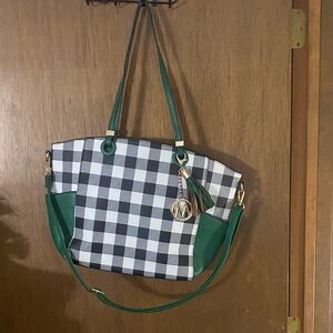Mia K Large Buffalo Plaid Green Trim Shoulder Tote Bag